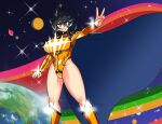  1girl black_hair breasts clenched_hand commentary_request earth_(planet) full_body grin highleg highleg_leotard huge_breasts korean_commentary leotard long_hair mu94894747 original planet smile solo thick_thighs thighs v yellow_eyes yellow_leotard 