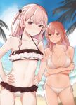  2girls absurdres bangs bare_shoulders beach bikini bikini_skirt black_skirt blue_sky blurry blurry_background breasts cleavage closed_mouth cloud cloudy_sky collarbone commentary crossed_arms crossed_bangs day english_commentary frilled_bikini frills hair_between_eyes hands_on_hips highres inui_sajuna inui_shinju large_breasts light_frown looking_at_viewer microskirt mixed-language_commentary multiple_girls navel neru outdoors palm_leaf pink_hair siblings side-tie_bikini sisters skirt sky small_breasts sono_bisque_doll_wa_koi_wo_suru swimsuit thighs water wet white_bikini 