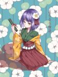  1girl blue_background blunt_bangs breasts closed_mouth collarbone commentary_request diao_ye_zong expressionless floral_print flower frilled_sash full_body green_kimono hair_flower hair_ornament hair_ribbon hakama hand_on_ground haori hieda_no_akyuu holding holding_scroll japanese_clothes kimono kneeling layered_sleeves long_sleeves looking_at_object obi purple_eyes purple_hair red_hakama red_ribbon red_sash ribbon sash scroll shadow short_hair simple_background socks solo song_name touhou waist_ribbon white_flower white_socks wide_sleeves yatsuki_(yaduki_0815) yellow_sleeves 