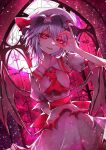  1girl 33_gaff ascot bat_(animal) bat_wings commentary dress hat hat_ribbon light_particles looking_at_viewer mob_cap open_mouth pink_dress red_ascot red_eyes red_ribbon ribbon short_sleeves solo touhou wings 