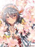  1girl black_hair blush brown_eyes cherry_blossoms commentary_request doradorazz hair_between_eyes hair_ornament hairclip haruna_(kancolle) haruna_kai_ni_(kancolle) highres kantai_collection long_hair looking_at_viewer nontraditional_miko one-hour_drawing_challenge red_skirt skirt smile solo twitter_username upper_body 