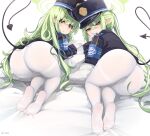  2girls absurdres armband ass black_hat black_tail blue_archive blue_armband demon_tail feet full_body gloves green_hair green_halo halo hat highlander_sidelocks_conductor_(blue_archive) highlander_twintails_conductor_(blue_archive) highres long_hair multiple_girls no_shoes pantyhose peaked_cap pointy_ears senjouhara_nira soles tail thighs white_gloves white_pantyhose 