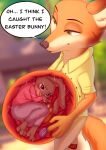 anthro anthro_pred anthro_prey canid canine clothed clothing digital_media_(artwork) disney easter easter_egg female female_prey fox fully_clothed hand_on_own_belly hi_res holding_belly holidays inside_stomach internal judy_hopps lagomorph larger_male larger_pred leporid male male/female male_pred mammal nick_wilde object_in_stomach octopuskun oral_vore predator/prey rabbit shirt size_difference smaller_female smaller_prey talking_to_prey topwear vore willing_prey zootopia