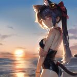  1girl animal_ears ass bell black_one-piece_swimsuit bow breasts cat_ears cat_girl cat_tail closed_mouth cloud day english_commentary fish_hair_ornament hair_bell hair_bow hair_ornament hepari highres long_hair looking_at_viewer medium_breasts neck_ribbon ocean one-piece_swimsuit original outdoors ponytail red_bow red_eyes red_ribbon ribbon sky solo swimsuit tail twitter_username water 