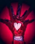  1boy backhand chris_redgrave close-up cutout_gloves gloves hand_up heart high_card highres male_focus mojisan_(ebimo) red_gloves red_sleeves red_theme shadow shiny_gloves signature simple_background solo spotlight 