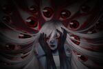  1girl ariane_yeong blood blood_from_eyes blue_skin colored_skin highres long_hair looking_at_viewer multicolored_eyes ohime_illust red_eyes signalis solo very_long_hair white_hair 