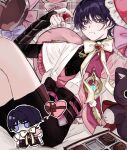  1boy bishounen bow box closed_mouth cowboy_shot genshin_impact heart-shaped_box highres looking_at_viewer male_focus niko_pmpm pink_bow purple_eyes purple_hair scaramouche_(cat)_(genshin_impact) scaramouche_(genshin_impact) short_hair shorts simple_background solo valentine vision_(genshin_impact) white_bow 