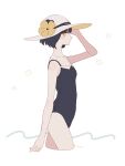  1girl black_hair blush_stickers breasts cropped_legs flower from_side hand_up hat hat_flower highres maco22 one-piece_swimsuit original profile short_hair small_breasts solo sun_hat swimsuit yellow_eyes 