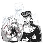 2024 5_fingers anthro black_and_white blood bodily_fluids claws crazy_diamond crossover dinosaur duo fang_(gvh) feathered_wings feathers female finger_claws fingers goodbye_volcano_high hair halter_top hi_res human humanoid jauntyweb jewelry jojo&#039;s_bizarre_adventure josuke_higashikata long_hair male mammal midriff monochrome necklace pterodactylus pterosaur reptile scalie short_hair sketch snout stand_(jjba) wings