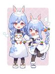  2girls absurdres animal_ear_fluff animal_ears apron blue_hair blush braid carrot_hair_ornament chiyomaru_(yumichiyo0606) food-themed_hair_ornament hair_ornament highres hololive long_hair looking_at_viewer mature_female mother_and_daughter multicolored_hair multiple_girls open_mouth pekomama rabbit_ears rabbit_girl red_eyes short_eyebrows smile thick_eyebrows twin_braids twintails two-tone_hair usada_pekora virtual_youtuber white_hair 