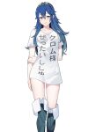 1girl alternate_costume ameno_(a_meno0) blue_eyes blue_footwear blue_hair blush boots closed_mouth collarbone fire_emblem fire_emblem_awakening long_hair looking_at_viewer lucina_(fire_emblem) naked_shirt shirt short_sleeves simple_background smile solo tiara translation_request white_background white_shirt 