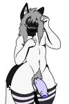 alien anthro black_head blush canid canine clothing fangs foreskin genitals girly grey_hair hair legwear long_hair lord_bandicam male mammal neck_tuft penis shy solo standing teeth thigh_highs tuft white_body white_eyes white_mouth zephyr_(lord_bandicam)