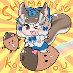  1girl acorn animal_ears brown_eyes brown_hair chipmunk_ears chipmunk_girl chipmunk_tail deon_(jetaime) extra_ears gloves highres kemono_friends kemono_friends_v_project looking_at_viewer microphone one_eye_closed ribbon shirt short_hair shorts siberian_chipmunk_(kemono_friends) simple_background tail thighhighs vest virtual_youtuber 