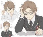  1boy adjusting_eyewear black-framed_eyewear black_jacket black_ribbon brown_eyes brown_hair collared_shirt gekkoukan_high_school_uniform glasses hand_in_own_hair hiraga_keisuke holding holding_pen isa_(peien516) jacket long_sleeves neck_ribbon pen persona persona_3 ribbon school_uniform shirt short_hair translation_request white_background white_shirt writing 