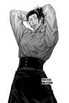  1boy adjusting_hair belt black_hair collared_shirt covered_nipples dress_shirt ear_piercing getou_suguru greyscale hair_bun hair_pulled_back jujutsu_kaisen kiyoro2 long_sleeves looking_at_viewer male_focus monochrome mouth_hold nipples parted_lips piercing plug_(piercing) rubber_band see-through see-through_shirt shirt simple_background solo sweat twitter_username white_background 