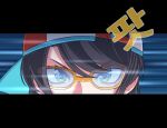  1girl baseball_cap bespectacled black_hair blue_eyes close-up commentary_request glasses hat hololive korean_commentary korean_text letterboxed mu94894747 multicolored_eyes oozora_subaru short_hair sideways_hat solo speed_lines translation_request v-shaped_eyebrows virtual_youtuber yellow-framed_eyewear yellow_eyes 