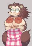 animal_crossing apron big_breasts big_butt blush bodily_fluids breasts butt clothing eulipotyphlan female hand_on_breast hedgehog hi_res lilbunpinky mammal nintendo sable_able simple_background solo sweat thick_thighs