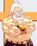  1boy antenna_hair bara beard belly belt character_request cowboy_shot crossed_arms facial_hair full_beard hairy highres live_a_hero long_mustache looking_at_viewer male_focus mature_male muscular muscular_male old old_man pants pectoral_lift plump short_hair sideburns_stubble solo sparse_chest_hair standing stubble tatsumonji_yukara thick_arm_hair thick_beard thick_eyebrows thick_mustache topless_male white_hair wrinkled_skin 