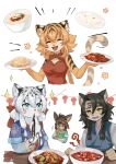  2022 anthro black_stripes blue_eyes braided_hair breasts clothed clothing digital_media_(artwork) felid female food fur hair hi_res kawarage_yatano mammal orange_body orange_fur pantherine smile striped_body striped_fur stripes tiger 