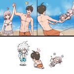  1girl 2boys :d :o ahoge animal_bag arm_up bikini breasts brown_hair cat_bag chibi danganronpa_(series) danganronpa_2:_goodbye_despair day green_male_swimwear grey_bikini grey_hair happy head_bump highres hinata_hajime hug jacket kmnm_1403 kneeling komaeda_nagito large_breasts layered_bikini lying male_swimwear medium_hair messy_hair mole mole_on_breast multiple_boys nanami_chiaki navel notice_lines on_back open_clothes open_jacket orange_male_swimwear outdoors pink_bag pink_hair short_hair smile standing stomach sunglasses swimsuit swinging teeth topless upper_teeth_only white_jacket 