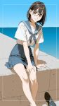  1girl black_hair blue_skirt brown_eyes glasses highres horizon ishihama_masashi looking_at_viewer ocean original pleated_skirt school_uniform serafuku shirt short_hair short_sleeves sitting skirt solo water white_shirt 