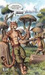 0laffson 5_fingers anthro argonian bethesda_softworks biped bottle clothed clothing cloud container duo english_text fangs felid fingers fur hi_res holding_bottle holding_container holding_object khajiit male mammal open_mouth painting_(artwork) plant scalie speech_bubble striped_body striped_fur stripes tail teeth text the_elder_scrolls topless topless_anthro topless_male traditional_media_(artwork) tree watercolor_(artwork)