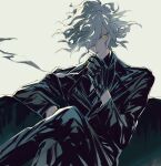  1boy edmond_dantes_(fate) edmond_dantes_(first_ascension)_(fate) elaine-didaea fate/grand_order fate_(series) formal hair_over_one_eye highres jacket long_sleeves looking_at_viewer male_focus necktie open_mouth short_hair simple_background solo suit wavy_hair white_hair yellow_eyes 