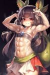  1girl abs armpits arms_up biceps bikini breasts duel_monster flexing hair_ornament long_hair muscular muscular_female red_eyes simple_background small_breasts smile swimsuit toned traptrix_dionaea yilx yu-gi-oh! 
