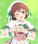  1girl ;d absurdres apron bow bowtie brown_hair commentary double_bun drop_shadow emma_verde freckles frilled_apron frilled_cuffs frills green_background green_bow green_bowtie green_eyes green_ribbon hair_bun heart heart_hands heart_in_heart_hands highres love_live! love_live!_nijigasaki_high_school_idol_club maid maid_headdress one_eye_closed open_mouth puffy_short_sleeves puffy_sleeves red_shirt red_skirt ribbon ribbon-trimmed_apron ribbon_trim shirt short_hair short_sleeves skirt smile solo striped_clothes striped_shirt striped_skirt two-tone_shirt two-tone_skirt vertical-striped_clothes vertical-striped_shirt vertical-striped_skirt waist_apron white_apron white_headdress white_shirt white_skirt white_sleeves white_wrist_cuffs wrist_cuffs yutuki_ame 