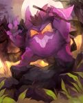 4_fingers broom cape cleaning_tool clothing fan_character feral fingers forest forest_background full_moon generation_1_pokemon gengar glowing glowing_background grass hi_res holding_object insane king_gengar(kinggengar) looking_at_viewer male markings moon nature nature_background night nintendo outside paper_crown plant pokemon pokemon_(species) purple_body rock smile solo sony-shock spots spotted_markings tail teeth tree yellow_eyes yellow_sclera