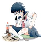  1girl black_hair board_game cola folding_fan glasses go_(board_game) grey_eyes hand_fan highres indian_style medium_hair neckerchief original school_uniform serafuku shirt sitting sketch skirt socks solo sweat twintails ushiro_hayahiro 