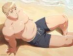  1boy bara beach black_male_swimwear blonde_hair brown_eyes closed_mouth dungeon_meshi highres laios_touden large_pectorals male_focus male_swimwear muscular muscular_male navel nifast_(greentail) nipples pectorals short_hair sitting solo topless_male 