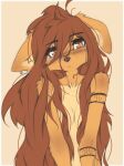 2024 anthro apogee_(tinygaypirate) arm_tattoo border breasts brown_eyes brown_hair canid canine canis countershade_torso countershading domestic_dog ear_piercing ears_down female front_view fur hair hi_res inner_ear_fluff long_hair looking_at_viewer mammal nipples nude piercing pivoted_ears simple_background small_breasts solo tan_body tan_fur tattoo tinygaypirate tuft white_border