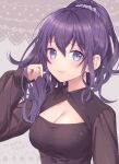  1girl asahina_mafuyu blue_eyes blush breasts cleavage cleavage_cutout clothing_cutout hair_ornament hair_scrunchie hand_up hinata_mizuiro long_hair long_sleeves looking_at_viewer project_sekai purple_hair scrunchie see-through see-through_sleeves smile solo 