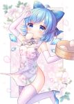  1girl baozi blue_bow blue_eyes blue_footwear blue_hair blush bow china_dress chinese_clothes cirno detached_wings dress elbow_gloves eyebrows_visible_through_hair fairy flower food gloves hair_between_eyes hair_bow high_heels ice ice_wings mouth_hold petals pink_flower pjrmhm_coa short_hair solo thighhighs touhou white_dress white_gloves white_legwear wings 