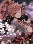  1girl almic1135 amputee baiken blurry blurry_background breasts cherry_blossoms cleavage coat crescent_moon guilty_gear high_ponytail highres holding holding_clothes holding_coat japanese_clothes kimono large_breasts long_hair looking_at_viewer moon night one_eye_closed petals pink_hair red_eyes scar scar_across_eye solo 