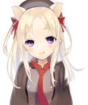  1girl 723_(tobi) animal_ears bangs beret black_jacket blonde_hair bow brown_headwear closed_mouth hair_bow hat jacket long_hair long_sleeves pig_ears purple_eyes red_neckwear simple_background sinoalice smile solo three_little_pigs_(sinoalice) tongue tongue_out white_background 