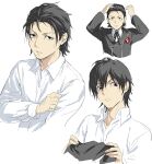  1boy adjusting_hair alternate_hairstyle black_hair black_jacket black_ribbon collared_shirt gekkoukan_high_school_uniform hair_slicked_back holding holding_clothes holding_jacket isa_(peien516) jacket long_sleeves looking_at_viewer neck_ribbon odagiri_hidetoshi persona persona_3 ribbon sanpaku school_uniform shirt unworn_jacket white_background white_shirt 