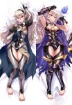  1girl armor armored_leotard armpits arms_up barefoot bed_sheet black_armor black_gloves black_hairband blue_cape breasts cape chaps cleavage corrin_(female)_(fire_emblem) corrin_(female)_(nohr_noble)_(fire_emblem) corrin_(fire_emblem) dakimakura_(medium) dragonstone fire_emblem fire_emblem_fates fire_emblem_heroes gloves hairband hakuramen highres knees_together_feet_apart looking_at_viewer lying multiple_views official_alternate_costume on_back pointy_ears purple_cape smile unworn_armor 