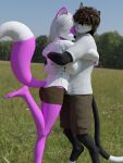 3d_(artwork) anthro big_breasts black_body black_fur breasts brown_hair canid canine canis clothed clothing digital_media_(artwork) domestic_cat duo felid feline felis female field fisk_(angry_cat) fur hair hi_res hug littlefisky male male/female mammal pink_body pink_fur shirt smile topwear white_body white_fur white_hair wolf yellow_eyes yuni_hermit