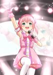  1girl :d absurdres alternative_girls armpits blurry blurry_background blush bow collarbone cowboy_shot crossed_bangs dress dress_bow gloves green_eyes hairband highres holding holding_microphone light_particles mano_sakurako microphone open_mouth pink_dress pink_gloves pink_hair pink_hairband screen_zoom short_dress sleeveless sleeveless_dress smile solo stage_lights sweat teeth thighhighs upper_teeth_only white_thighhighs yutuki_ame 