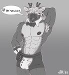 2024 5_fingers abs anthro antlers armpit_hair artist_name belly_tuft biceps biped body_hair bow_tie boxer_briefs bulge clothed clothing curled_hair deer dialogue digital_drawing_(artwork) digital_media_(artwork) english_text fingers flat_colors fur gloves_(marking) hair hair_over_eyes hand_behind_head hand_on_hip hi_res horn looking_at_viewer male mammal markings meme meme_clothing monochrome mostly_nude multicolored_body muscular muscular_anthro muscular_male new_world_deer nipples pecs portrait reindeer ryker_(shonarts) screentone shirt_collar shon_arts signature simple_background smile solo speech_bubble standing teeth text thick_thighs three-quarter_portrait topless tuft two_tone_body underwear