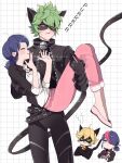  2boys 2girls adrien_agreste angry animal_ears bell black_bodysuit black_jacket black_mask blazer blonde_hair blue_eyes blue_hair blush bodysuit carrying cat_boy cat_ears cat_tail chat_noir chibi claw_noir closed_eyes closed_mouth green_eyes highres jacket jingle_bell leather leather_jacket marinette_dupain-cheng miraculous_ladybug multiple_boys multiple_girls open_clothes open_jacket pants pink_footwear pink_pants princess_carry purple_eyes seio_(nao_miragggcc45) simple_background slit_pupils smile tail upper_body white_background 