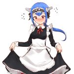  1girl adapted_uniform alternate_costume blue_hair blush bow breasts cowboy_shot crosscode dress enmaided flying_sweatdrops frilled_dress frills headgear lea_(crosscode) looking_down maid maid_headdress medium_breasts red_eyes skirt_hold solo twitter_username white_bow yuikannon 