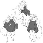 anthro black_clothing black_sweater black_topwear butt canid canine canis circle_eyebrows clothed clothing digitigrade domestic_dog eyebrows female floppy_ears fluffy fluffy_tail hair hi_res leg_tuft long_hair mammal no_underwear oversized_clothing oversized_sleeves oversized_topwear pantsless sketch sleeves_past_fingers smug solo sweater tail tateoftot topwear tuft wavy_hair