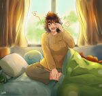  1girl artist_name barefoot blush brown_shirt creatrail curtains highres indian_style jimiko long_sleeves looking_at_viewer messy_hair morning original pillow pocket rubbing_eyes saliva shirt sitting solo stuffed_animal stuffed_toy thick_eyebrows under_covers waking_up yawning 