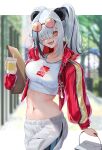  1girl absurdres animal_ears arknights black_hair blurry blurry_background breasts commentary_request cup disposable_cup eyewear_on_head fang feater_(arknights) feater_(gourmet)_(arknights) grey_pants hair_over_one_eye highres holding holding_cup jacket large_breasts long_sleeves looking_at_viewer midriff multicolored_hair navel official_alternate_costume open_clothes open_jacket open_mouth outdoors panda_ears panda_girl pants puffy_long_sleeves puffy_sleeves red_jacket round_eyewear shirt skin_fang smile solo sonna_watashi stomach streaked_hair white_hair white_shirt yellow_eyes 