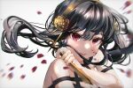  1girl bare_arms black_hair blood blood_on_face blood_splatter floating_hair hair_between_eyes hairband highres holding holding_weapon motion_blur pinapo_25 portrait red_eyes short_hair_with_long_locks sidelocks solo spy_x_family weapon yellow_hairband yor_briar 