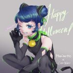  1girl animal_ears bell black_footwear black_gloves black_shirt blue_eyes blue_hair cat_ears cat_girl gloves grey_background highres jingle_bell looking_at_viewer marinette_dupain-cheng miraculous_ladybug nkrb_mlb one_eye_closed paw_pose shirt simple_background sitting smile solo 
