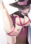  1girl :d alternate_breast_size ass_visible_through_thighs ayachi_nene belt belt_bra belt_collar black_cloak blue_hair blush bow breasts cleavage cloak collar commentary_request commission cowboy_shot curvy eyes_visible_through_hair grey_hair hair_between_eyes hand_on_own_chest hand_up hat hat_bow highres huge_breasts leg_up long_hair looking_at_viewer navel no_pants okayusonmu open_mouth paid_reward_available pink_belt pink_bow purple_eyes sanoba_witch simple_background skeb_commission skindentation smile solo split stomach straight_hair striped_bow textless_version thighs tsurime very_long_hair white_background witch_hat 